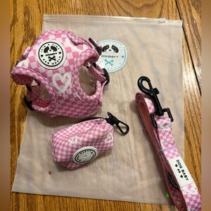 Dog baby Collection Pink Checkered Dog Harness Set Leash Poop bag xs Xsmall